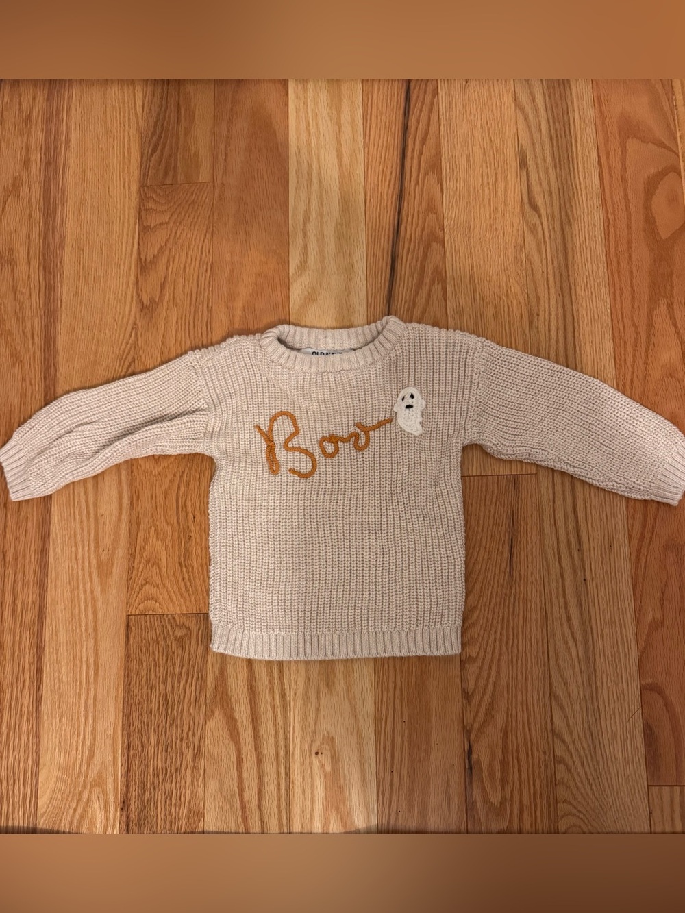 Old Navy Cream Knit Sweater with Orange "Boo" Script and Ghost Patch
